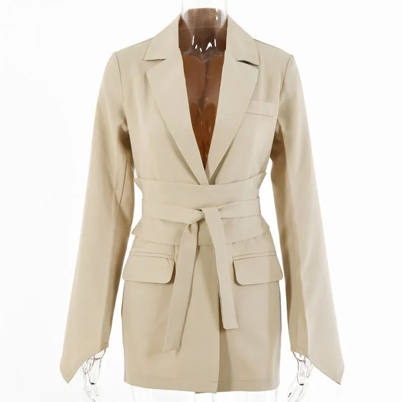 Ensemble mode pour femme : blazer ceinturé et pantalon. Manteau de costume uni avec col à revers, coupe slim, pantalon long