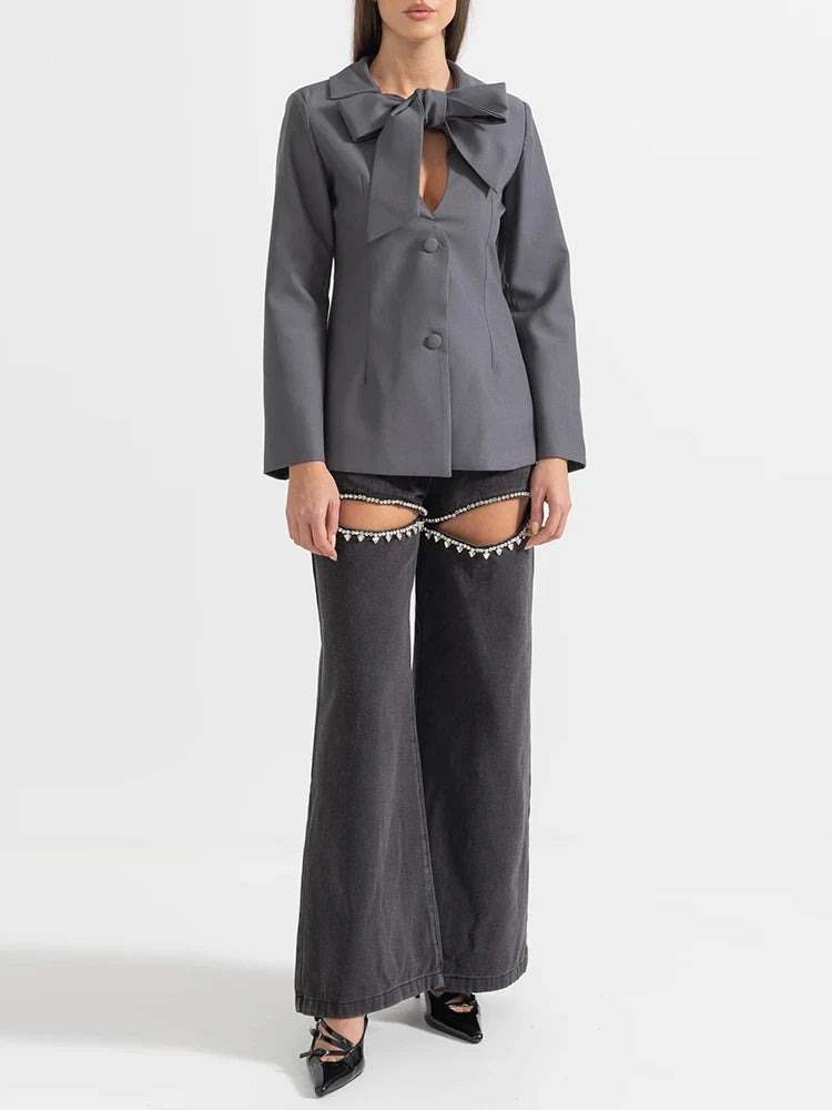 Blazer élégant à patchwork et nœuds, chic et féminin pour toutes occasions