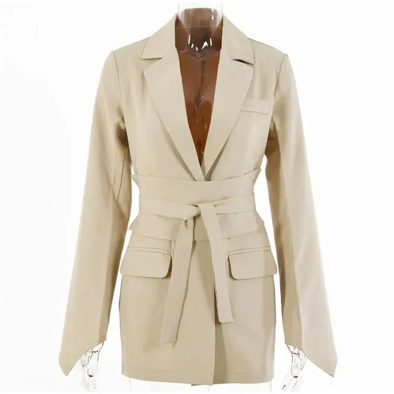 Ensemble mode pour femme : blazer ceinturé et pantalon. Manteau de costume uni avec col à revers, coupe slim, pantalon long