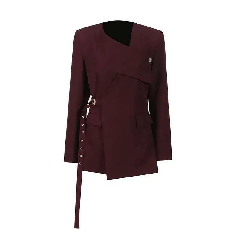 Blazer asymétrique à taille ceinturée, design unique et tendance pour le printemps