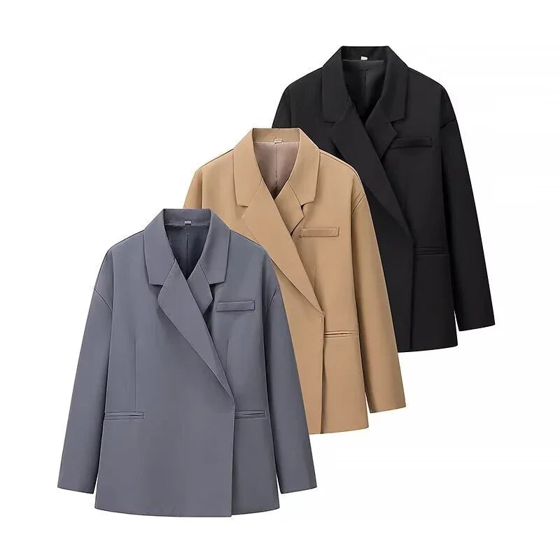 Manteau blazer uni pour femme, col à revers, manches longues, avec poches, fermeture un bouton