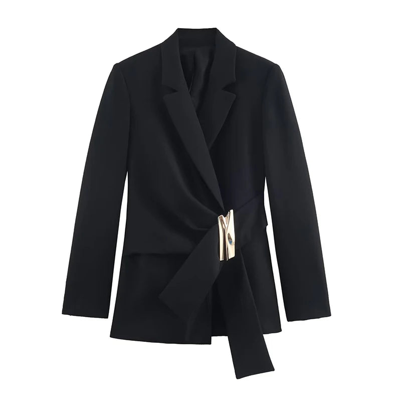 Ensemble femme 2 pièces – Blazer à manches longues avec boucle + pantalon droit – Tenue chic et élégante.