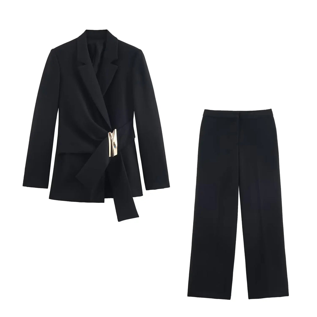 Ensemble femme 2 pièces – Blazer à manches longues avec boucle + pantalon droit – Tenue chic et élégante.