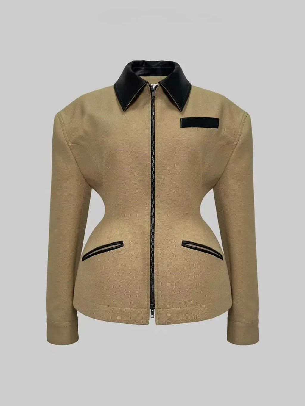 Veste femme unie, décontractée, à col à revers, avec fermeture zippée et poches, coupe cintrée, confortable, élégante, premium, style rétro