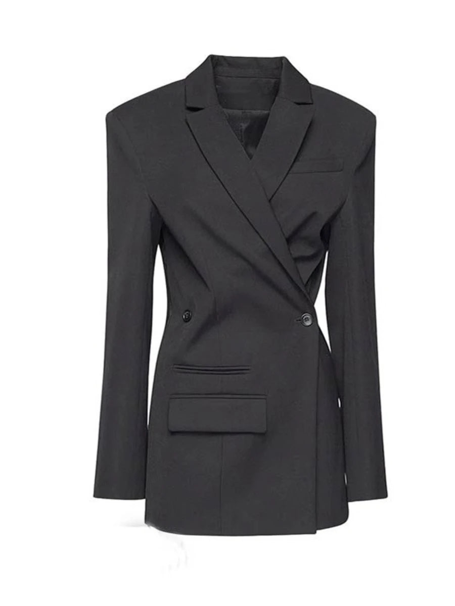 Blazer élégant pour femme, uni, effet amincissant, design splicé, double boutonnage, col à revers, manches longues. Style minimaliste, nouveauté femme.