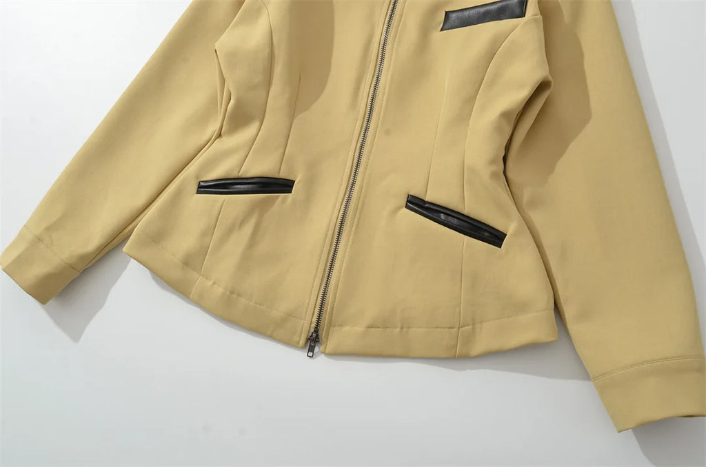 Veste femme unie, décontractée, à col à revers, avec fermeture zippée et poches, coupe cintrée, confortable, élégante, premium, style rétro