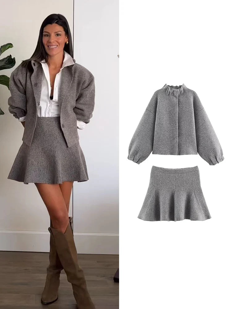 Ensemble jupe & pull gris texturé - chic d'automne