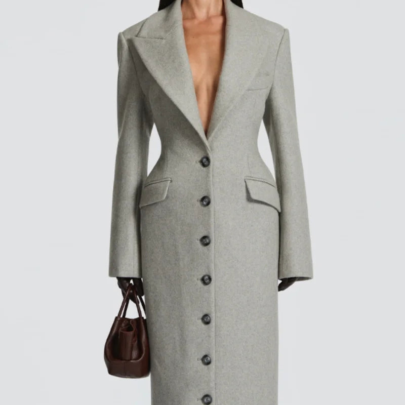 Manteau long slim à col en V avec ceinture, chic et élégant pour l’hiver