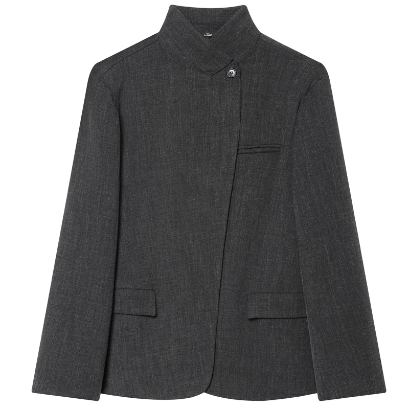 Blazer asymétrique femme 2025, gris foncé, automne. Veste courte ajustée à manches longues, style coréen populaire.