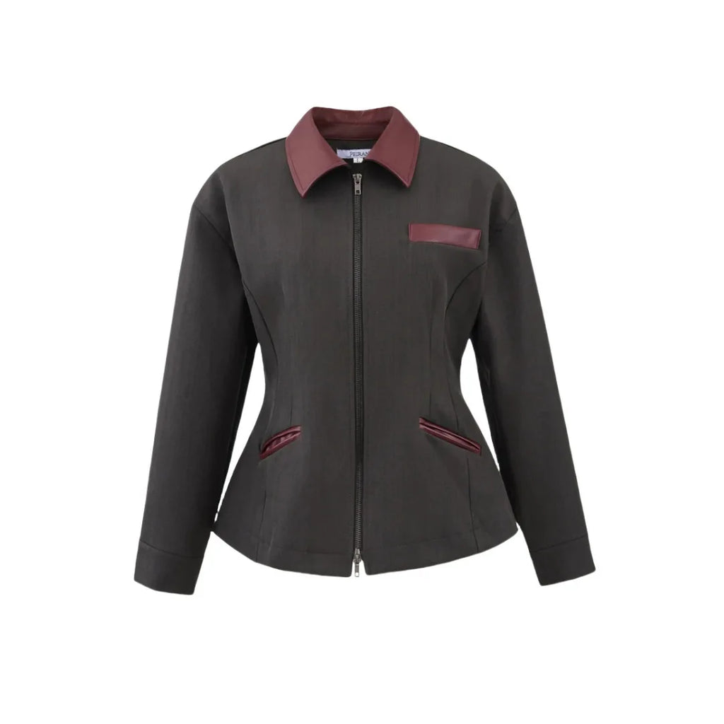 Veste femme unie, décontractée, à col à revers, avec fermeture zippée et poches, coupe cintrée, confortable, élégante, premium, style rétro