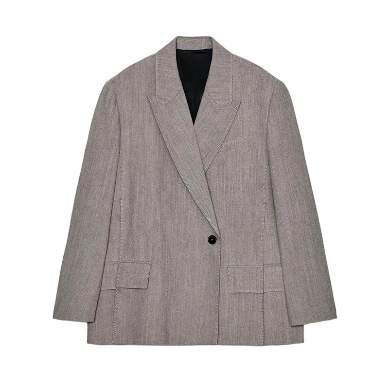 Blazer femme élégant à un bouton, mode, coupe ample avec fente, col à revers, manches longues, manteau gris