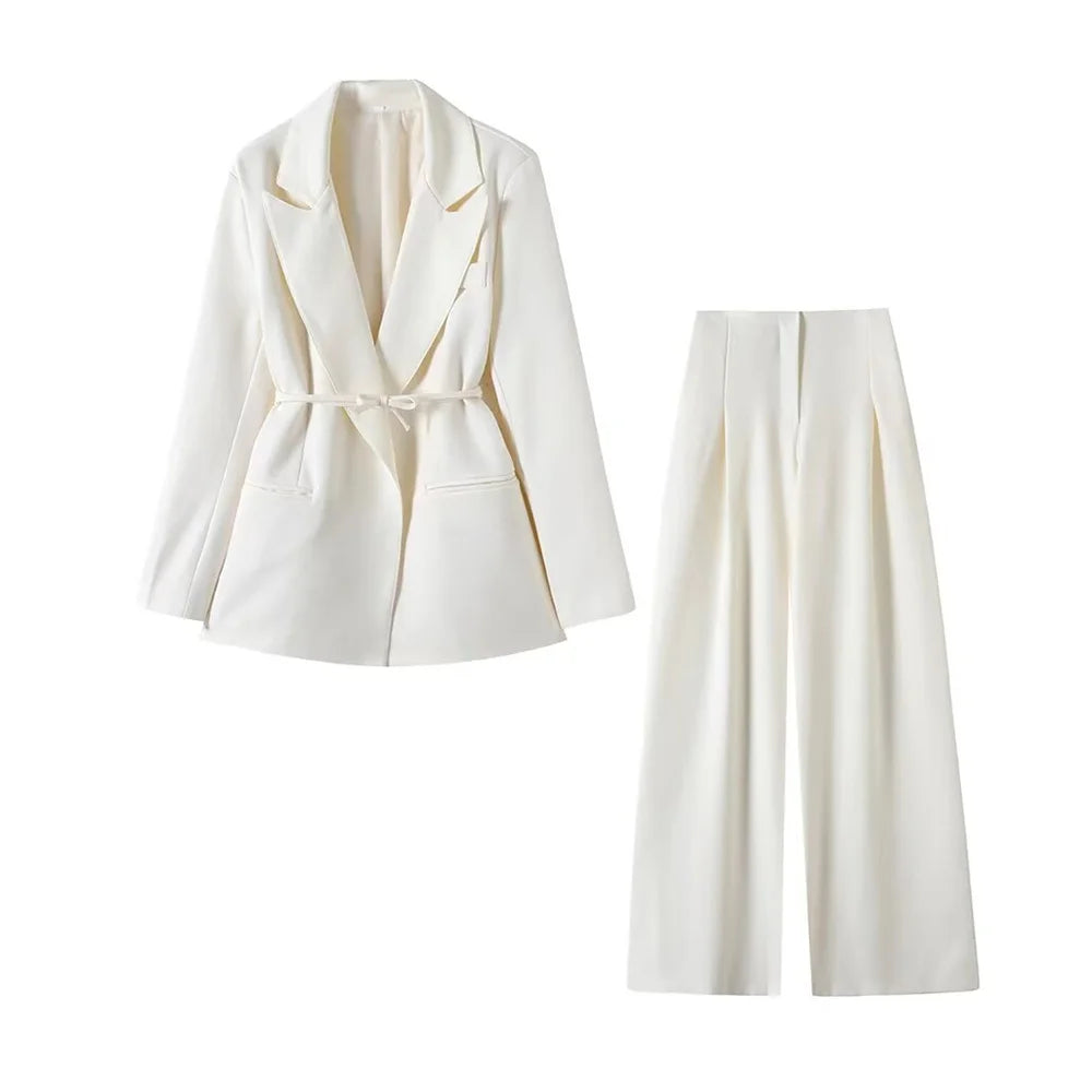 Blazer femme à manches longues avec ceinture polyvalente + pantalon plissé taille haute tendance – Style décontracté et moderne.