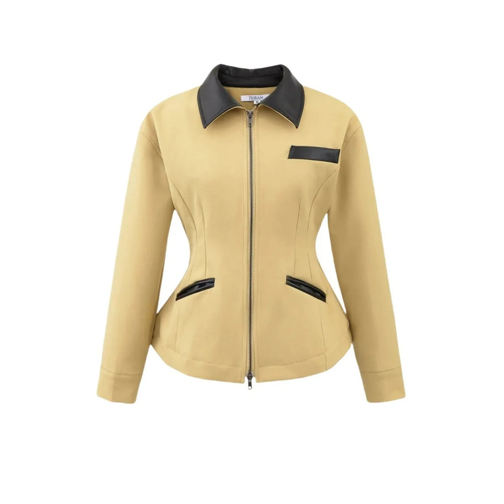 Veste femme unie, décontractée, à col à revers, avec fermeture zippée et poches, coupe cintrée, confortable, élégante, premium, style rétro