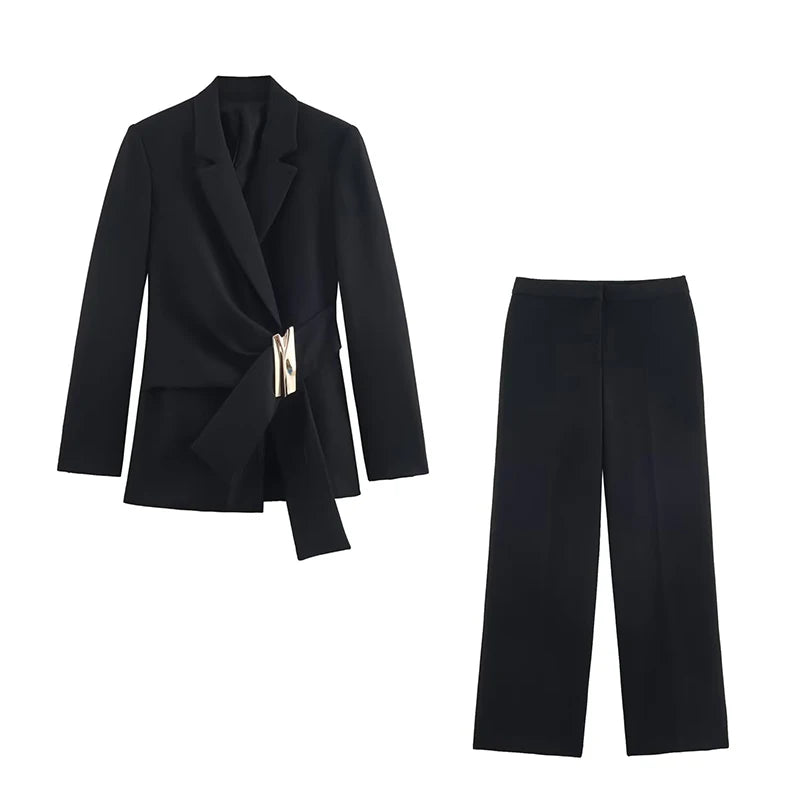 Ensemble femme 2 pièces – Blazer à manches longues avec boucle + pantalon droit – Tenue chic et élégante.