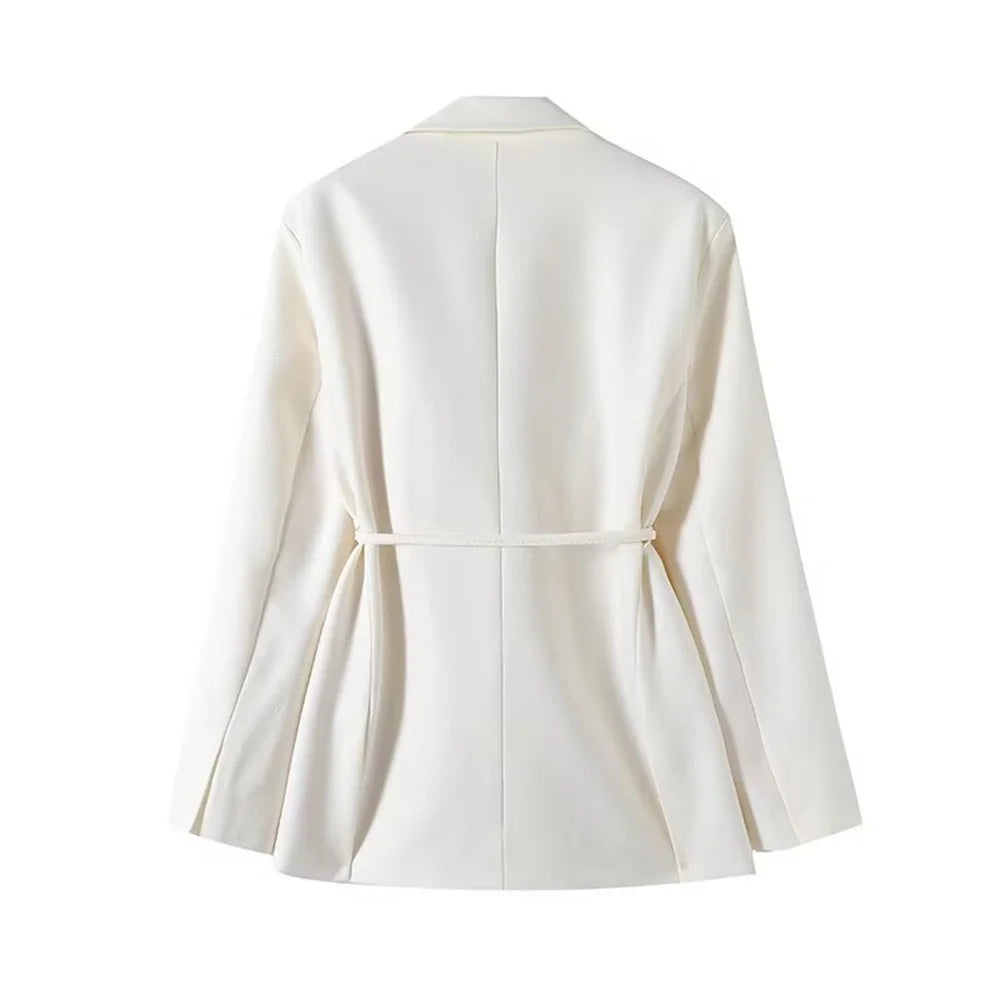 Blazer femme à manches longues avec ceinture polyvalente + pantalon plissé taille haute tendance – Style décontracté et moderne.