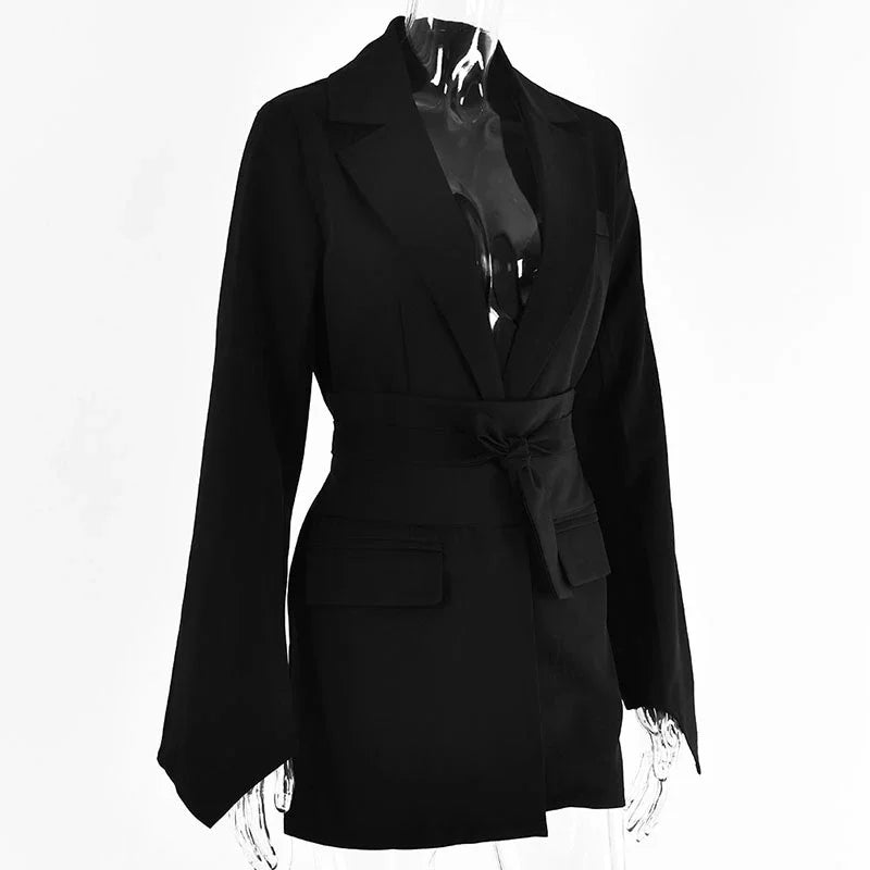 Ensemble mode pour femme : blazer ceinturé et pantalon. Manteau de costume uni avec col à revers, coupe slim, pantalon long