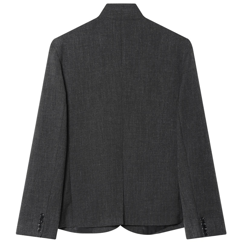 Blazer asymétrique femme 2025, gris foncé, automne. Veste courte ajustée à manches longues, style coréen populaire.