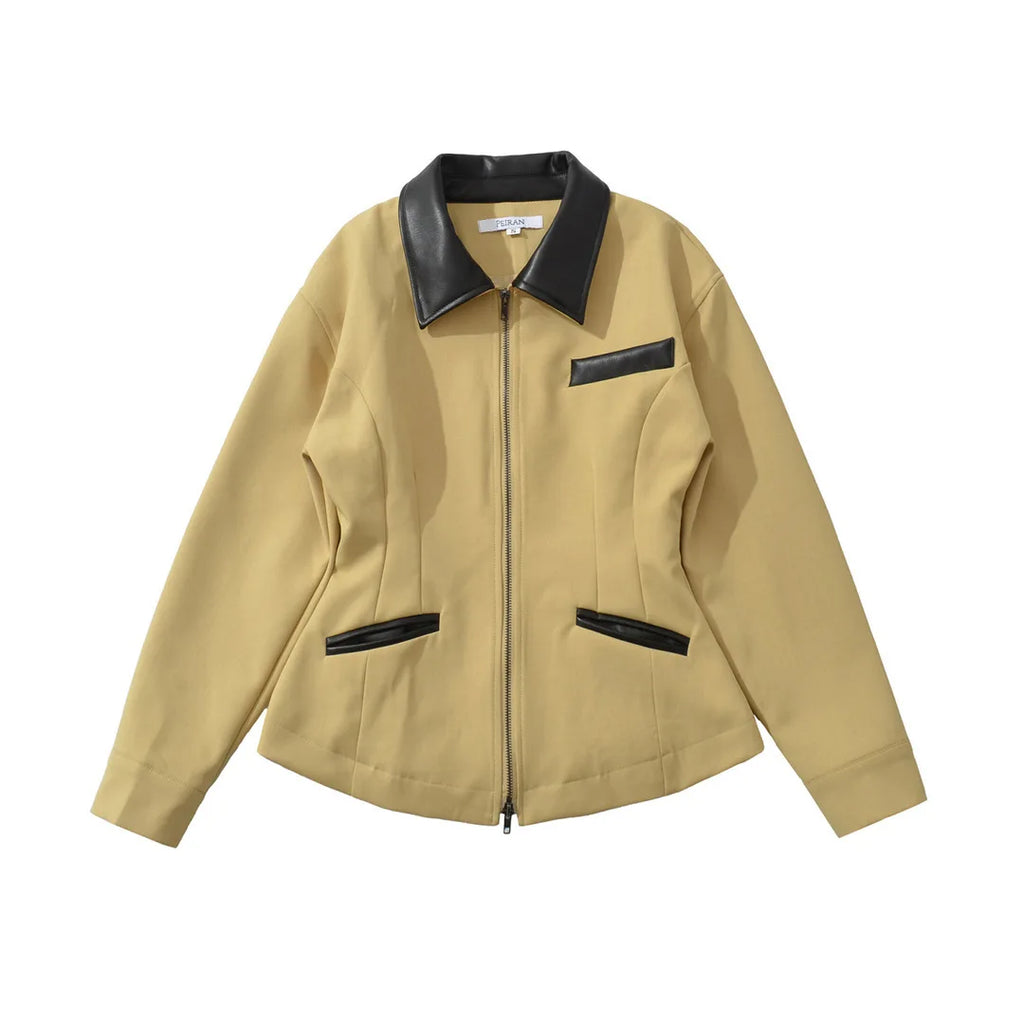 Veste femme unie, décontractée, à col à revers, avec fermeture zippée et poches, coupe cintrée, confortable, élégante, premium, style rétro