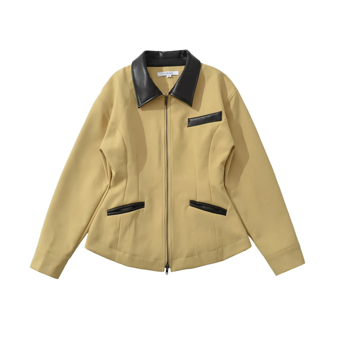 Veste femme unie, décontractée, à col à revers, avec fermeture zippée et poches, coupe cintrée, confortable, élégante, premium, style rétro