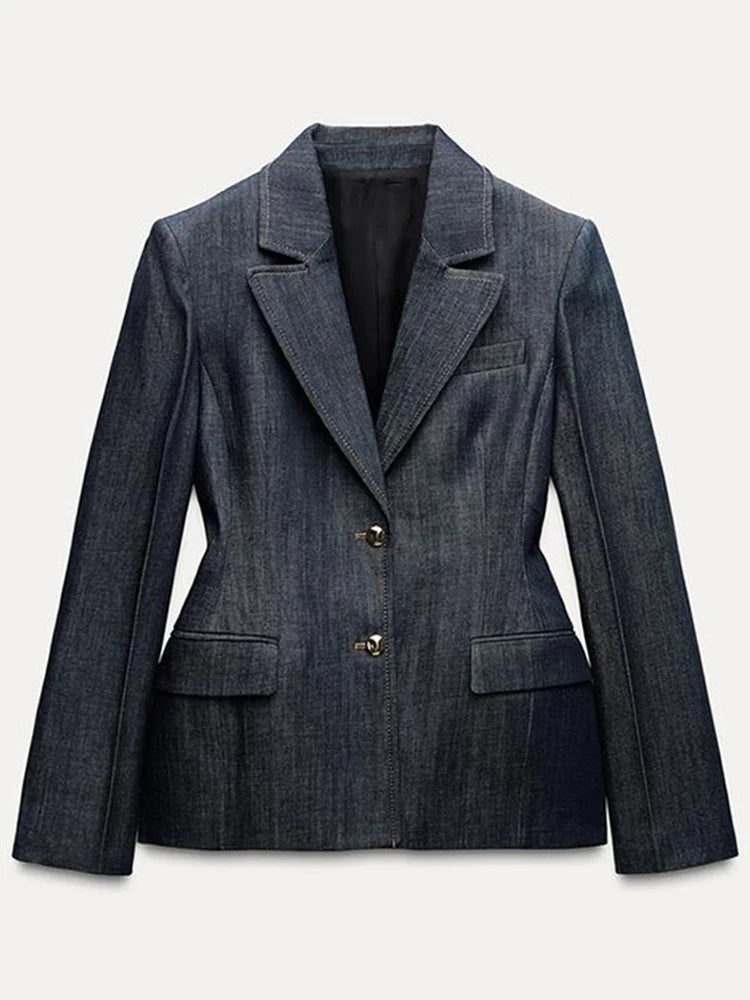 Ensemble femme 3 pièces en jean – veste blazer, gilet à col en V et pantalon large – chic et printanier, veste simple boutonnage.