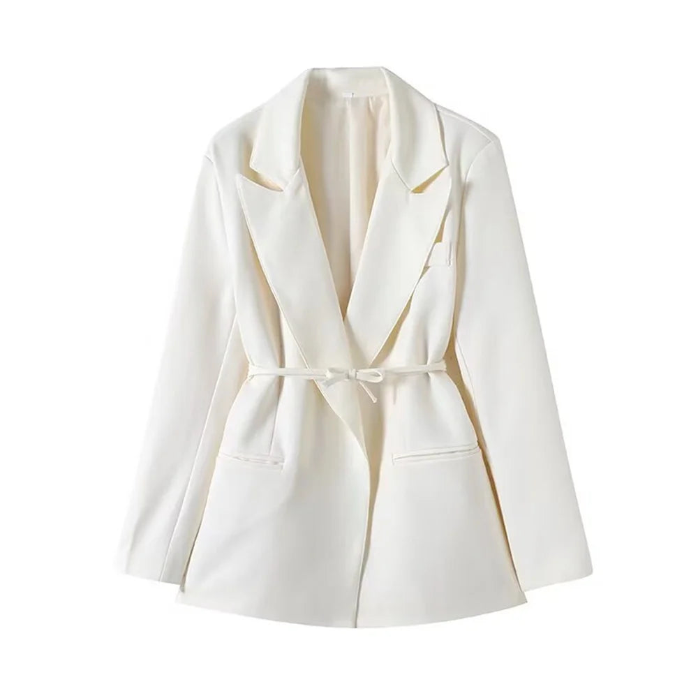 Blazer femme à manches longues avec ceinture polyvalente + pantalon plissé taille haute tendance – Style décontracté et moderne.