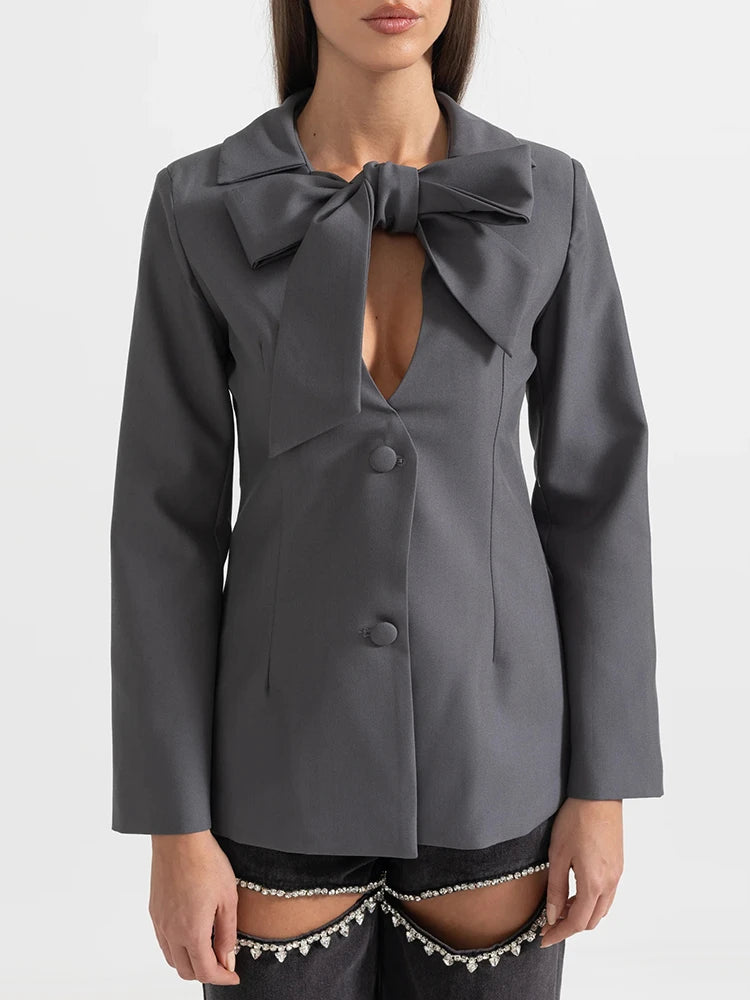 Blazer élégant à patchwork et nœuds, chic et féminin pour toutes occasions