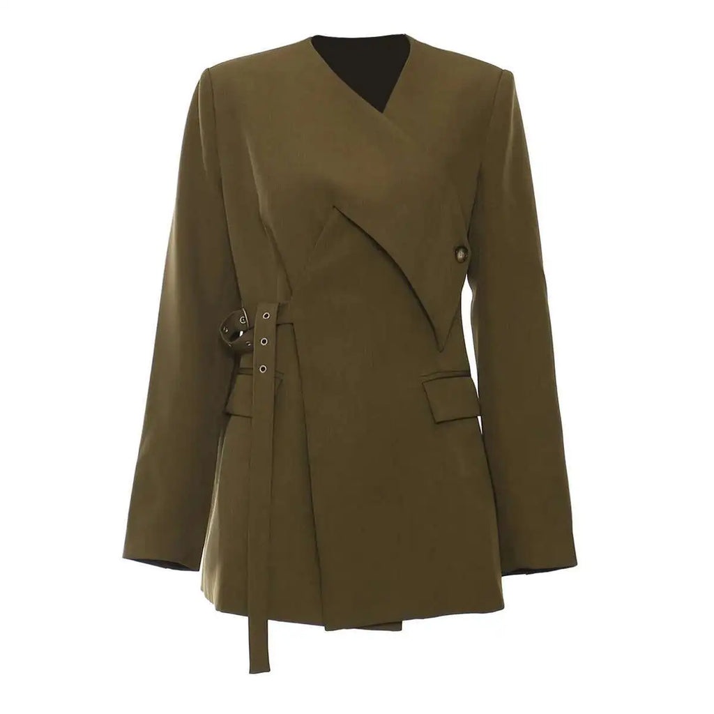 Blazer asymétrique à taille ceinturée, design unique et tendance pour le printemps